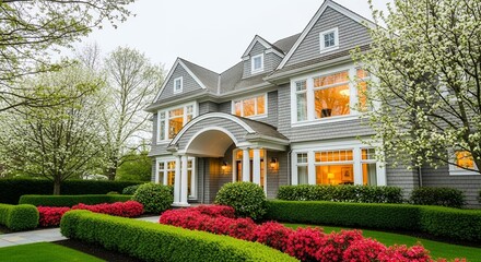 Elegant Residential Property Exterior with Manicured Landscape Gray Shingles and Red Flowers