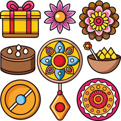  Icon Set of Raksha Bandhan Essentials – Plate, Diya, Sweets & Gifts