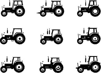 set of tractor silhouettes, tractor, farm, agriculture, red, machine, equipment, machinery, agricultural, vehicle, car, transport, toy, truck, isolated, farmer, green, farming, old, wheel, vector, ind