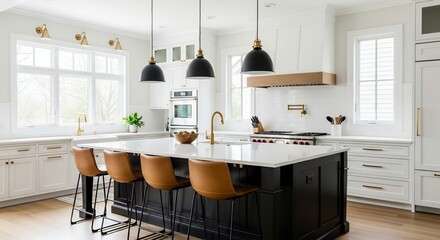 Stylish Modern Kitchen Interior with Dark Island White Cabinets and Gold Accents Bright and