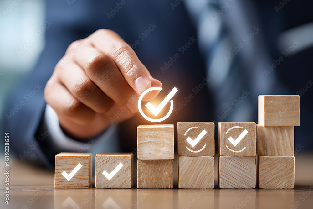 Poster success achieved through dedication in a business environment with wooden blocks representing progre