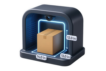A virtual delivery mailbox showcasing a parcel with dimensions of 14 x 12 x 13 inches, illuminated for emphasis.