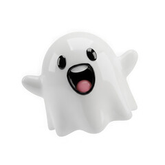 Illustration of a friendly ghost with a big open mouth and a pink tongue floats on a transparent background