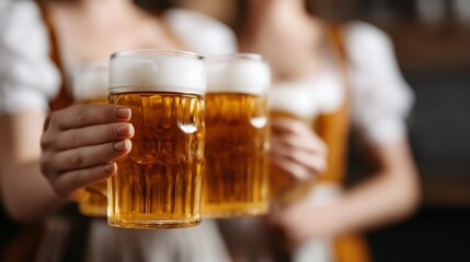 Oktoberfest-inspired celebration with people in costume holding beers 
