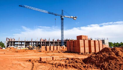 Construction site under blue sky featuring a crane and material stockpiles for development