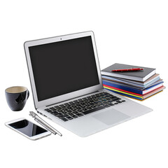 Laptop, books, coffee, phone, and pen on a desk