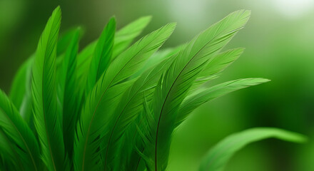 A beautiful cluster of vibrant green feathers in gentle sunlight, showcasing delicate textures against a soft, natural bokeh background.