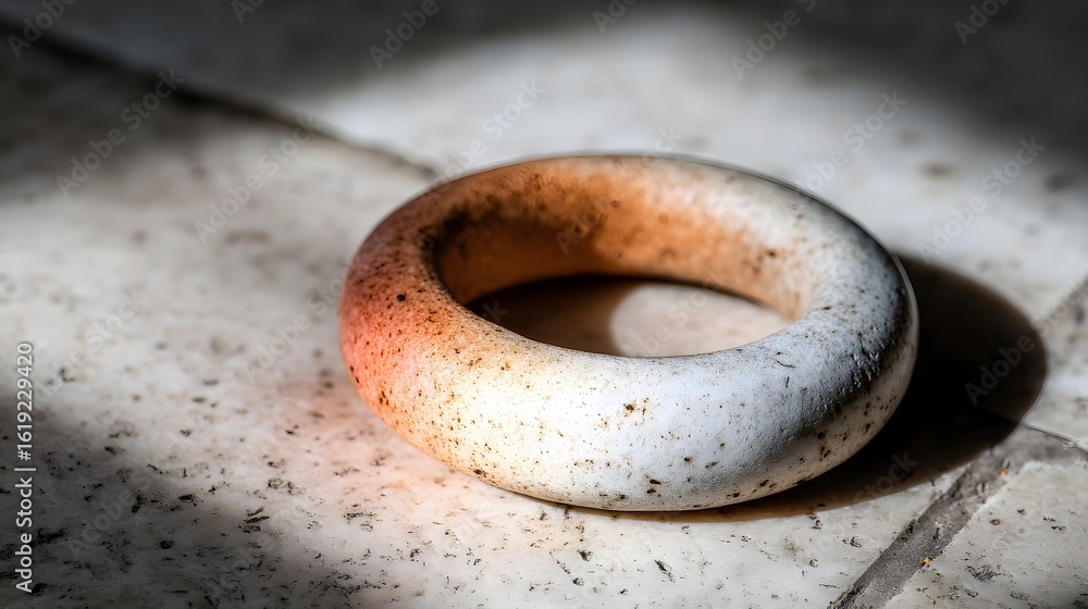 Poster circular object with a mottled surface.