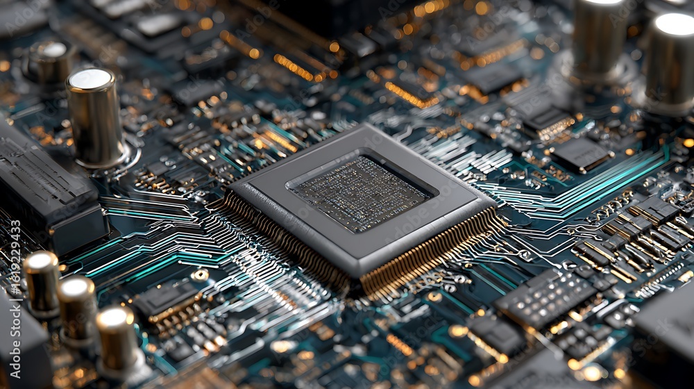 Poster close-up of computer chip on circuit board technology