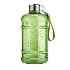 Large green reusable water bottle with condensation and a strap isolated on black