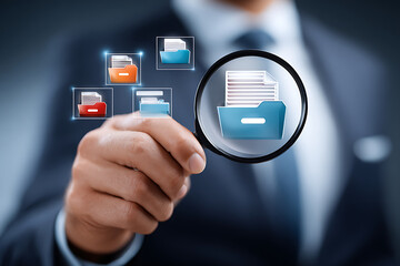 Business Professional Using Magnifying Glass to Inspect Digital Documents and Folders in a Modern Office Setting