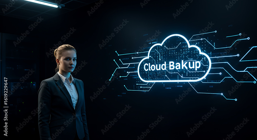 Poster cloud backup concept : a determined woman stands before a futuristic display showcasing a dynamic cl