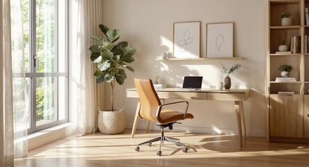 Modern Home Office Interior with Wooden Desk Laptop and Natural Sunlight for Remote Work and