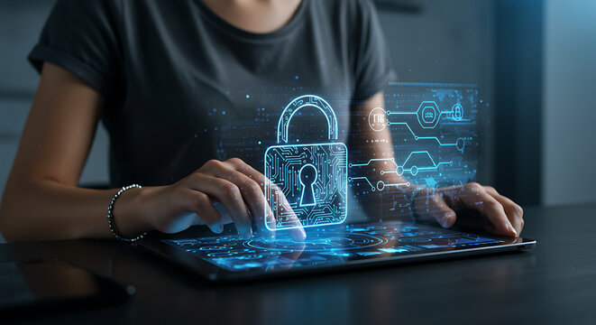 Cybersecurity at Fingertips: A modern visual depicting cybersecurity through the interaction of person's hand with technology and the virtual display of a secure padlock.