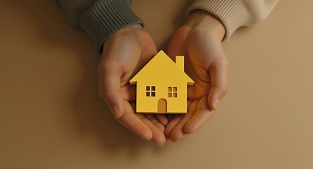 Hands gently holding a yellow model house symbolizing home ownership care security and real