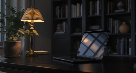Cozy Home Office Workspace with Laptop Illuminated Desk Lamp and Bookshelf for Productivity