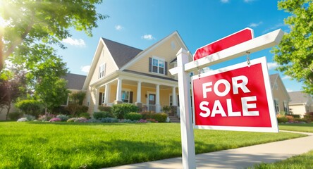 For Sale Sign on Lush Green Lawn in Front of Beautiful Residential House Under Bright Blue Sky