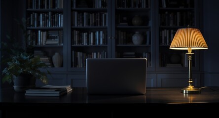 Elegant Study Room with Laptop Warm Lamp Light Books and Classic Bookshelf in Quiet Ambiance