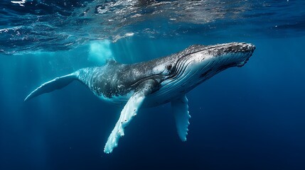 Fototapeta premium Whale Swimming Underwater in Blue Ocean Sunlight