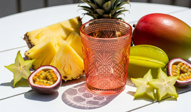 Enjoy a taste of paradise with this colorful tropical fruit display and refreshing drink glass