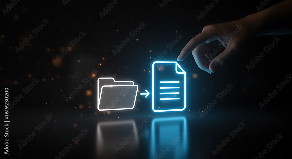 Poster digital file transfer concept: a close-up shot of a hand interacting with an illuminated digital fil