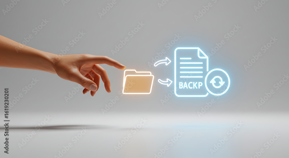 Poster digital data backup: a person's hand gently interacts with a glowing digital representation, symboli