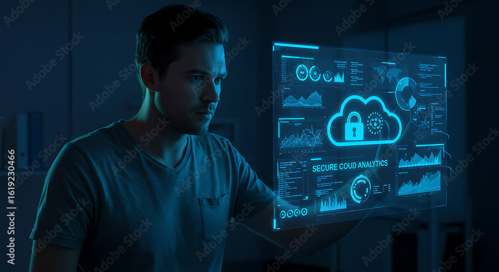 Poster cybersecurity professional at work: a male data scientist in deep focus, interacting with a glowing 