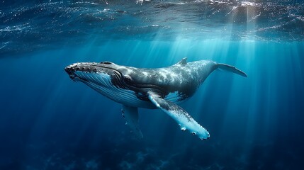 Fototapeta premium Humpback Whale Swimming Underwater in the Ocean Sunlight