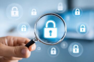 Security Focus on Digital Locks With Magnifying Glass in Modern Workspace Setting
