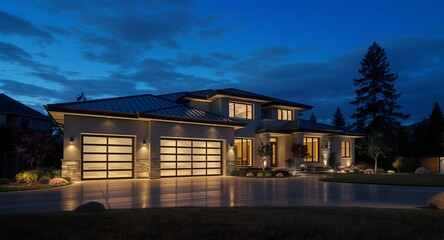 Modern Luxury Home Exterior at Twilight with Illuminated Windows and Garage Doors Contemporary