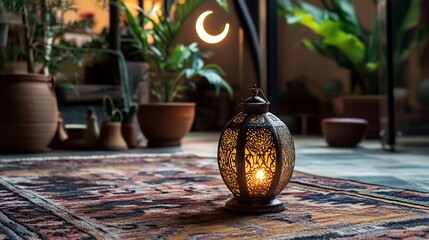 Serene indoor ambiance with decorative lantern, lush plants and glowing moon light
