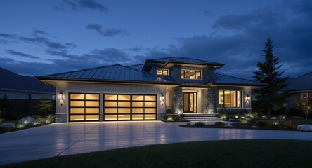 Luxury Modern House Exterior at Evening Dusk with Illuminated Facade and Landscaping