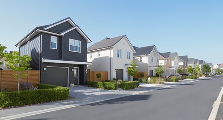 Modern Suburban Residential Street with Row of Contemporary Family Homes and Blue Sky Backdrop