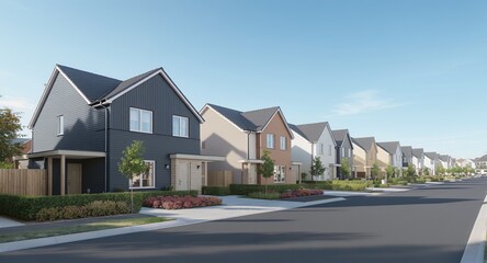 Modern Suburban Houses on a New Residential Street with WellMaintained Gardens Under a Bright