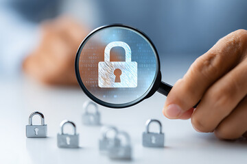 Magnifying Glass Focused on Digital Padlock Symbol Above Smaller Locks Indicating Security Analysis in a Tech Setting
