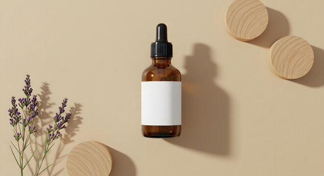 Amber Glass Dropper Bottle Mockup with Lavender Minimalist Product Presentation
