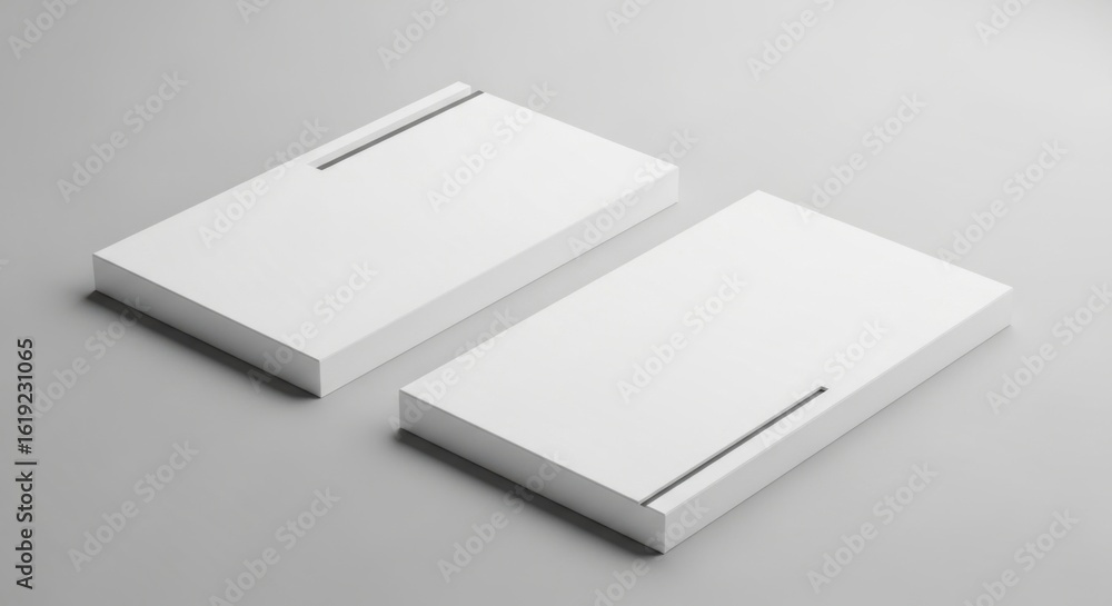 Poster minimalist white rectangular display stands on gray surface for product presentation