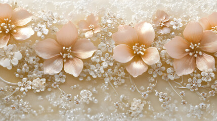 Delicate peach flowers and embellishments on light cream fabric