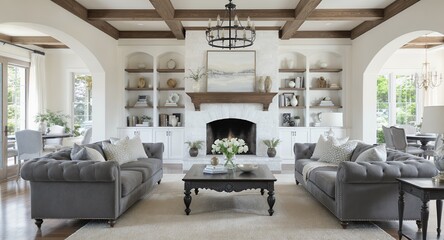 Elegant Living Room Interior with Luxurious Tufted Sofas Fireplace Chandelier and Exposed Wo