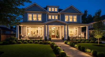TITLE Elegant Home Exterior at Twilight Illuminated Porch and Lawn