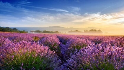 serene lavender field with vibrant wildflowers and misty horizon
