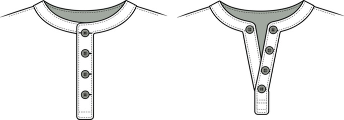 Flat sketch of button placket Henley neckline, open and closed view, fashion technical drawing, apparel design, clothing illustration template