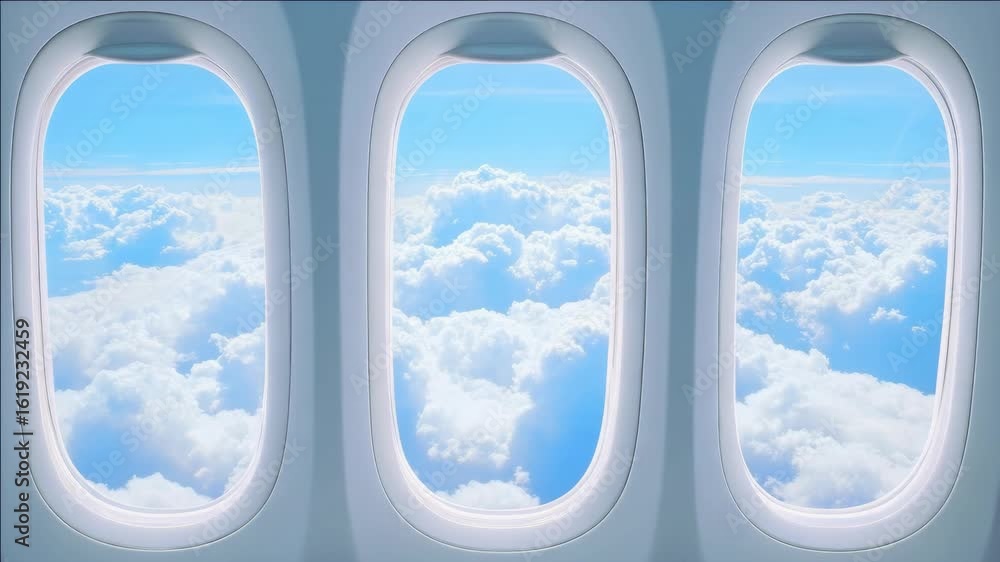 Poster a flight with a sky filled with clouds. view from an airplane window.
