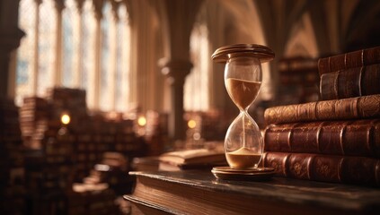 Hourglass on antique books in a cathedral-like library