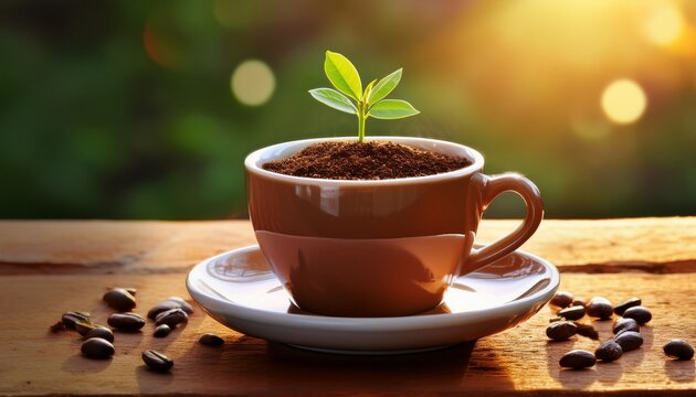 a creatively themed coffee cup filled with rich coffee bears a tiny green plant sprouting from within symbolizing the blend of nature and everyday life in an engaging artistic presentation