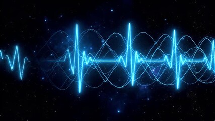 Blue neon sound waves pulse against a dark starspeckled cosmic background - Powered by Adobe