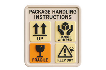 A visual guide featuring package handling instructions, including warnings and care symbols in vibrant colors.