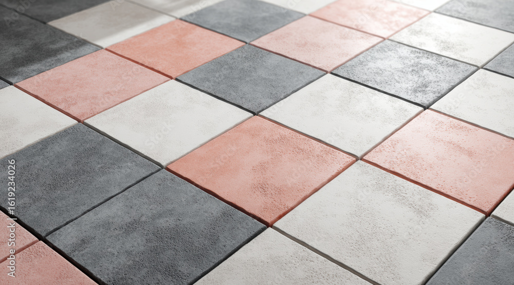Poster close up of checkered floor with red, gray, and white tiles, creating modern and stylish pattern