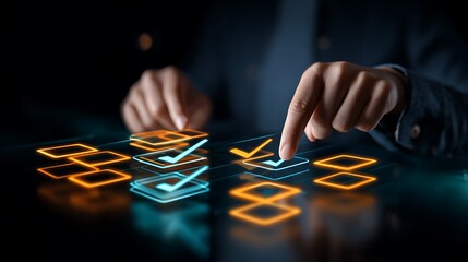 Decision making with glowing checkmarks and abstract shapes