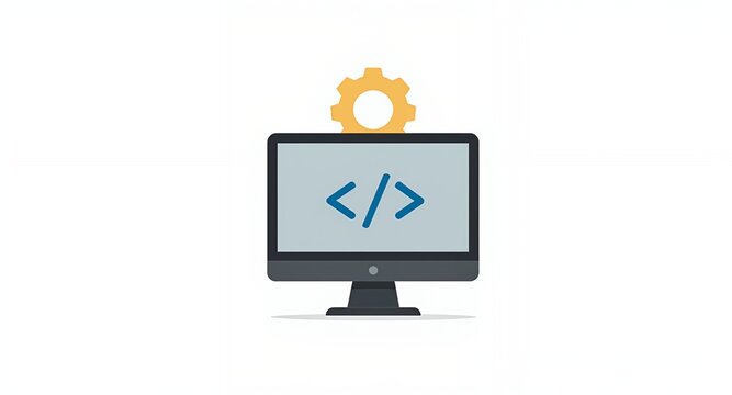 Computer screen with code and gear icon